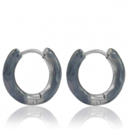 Stainless Steel - Rostfrei Stahl Ohrringe Creolen Enamel 16mm Blue grey-silver
