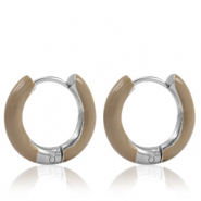 Stainless Steel - Rostfrei Stahl Ohrringe Creolen Enamel 16mm Smokey beige-silver