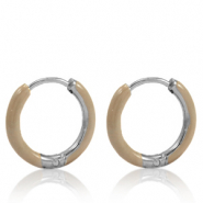 Stainless Steel - Rostfrei Stahl Ohrringe Creolen Enamel 14mm Beige brown-silver