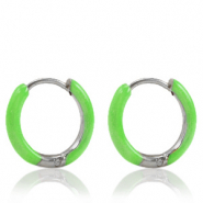 Stainless Steel - Rostfrei Stahl Ohrringe Creolen Enamel 14mm Bright green-silver