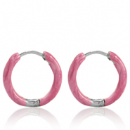 Stainless Steel - Rostfrei Stahl Ohrringe Creolen Enamel 14mm Punch pink-silver