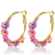 Stainless Steel - Rostfrei Stahl Ohrringe Creolen Blume 35mm Gold-pink purple