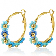 Stainless Steel - Rostfrei Stahl Ohrringe Creolen Blume 35mm Gold-blue