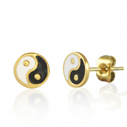 Stainless Steel - Rostfrei Stahl Ohrringe / Ohrstecker Yin & Yang 7mm Gold-black white