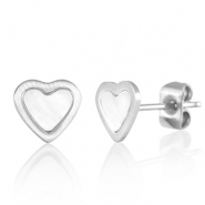 Stainless Steel - Rostfrei Stahl Ohrringe / Ohrstecker Heart Silver-pearl white