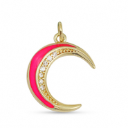 TQ Metall Brass Anh&auml;nger Zirkonia Moon Gold-fuchsia pink