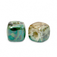 Perlen Griechische Keramik DQ Cube 8mm Peacock green-beige brown