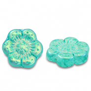 Tschechische Perlen Boho Flower 14mm Transparent turquoise green-AB coating