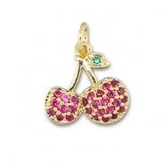 TQ Metall Brass Anh&auml;nger Cherries Gold-fuchsia