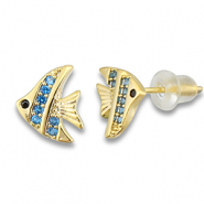 TQ Metall Brass Ohrringe / Ohrstecker Fish Gold-light blue