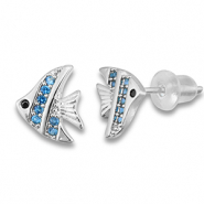 TQ Metall Brass Ohrringe / Ohrstecker Fish Silver-light blue