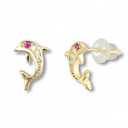 TQ Metall Brass Ohrringe / Ohrstecker Dolphin Gold-dark pink
