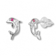 TQ Metall Brass Ohrringe / Ohrstecker Dolphin Silver-dark pink