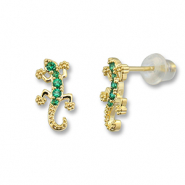 TQ Metall Brass Ohrringe / Ohrstecker Lizard Gold-green