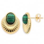 Stainless Steel - Rostfrei Stahl Ohrringe / Ohrstecker Oval Gold-dark green-black