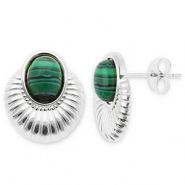 Stainless Steel - Rostfrei Stahl Ohrringe / Ohrstecker Oval Silver-dark green-black