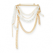 Statement Broschen Bar with Chain and Pearls Gold-white