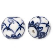Keramik Perlen 15 mm with Leaf Off white-Delft blue