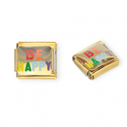 Stainless Steel - Rostfrei Stahl Italian Charm Element "Be happy" Gold-multicolour