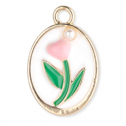 Anhänger Metall Oval with Tulip with Pearl Gold-white-green-light pink