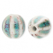 Keramik Perlen 11&nbsp;mm with Stripes Teal blue-off white-port red