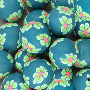 Silikonperlen 18 mm Round with hand-painted Flowers Teal green-light green-neon pink