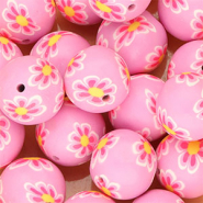 Silikonperlen 18 mm Round with hand-painted Flowers Orchid purple-neon pink-yellow