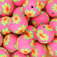 Silikonperlen 18 mm Round with hand-painted Flowers Neon pink-green-orange-red