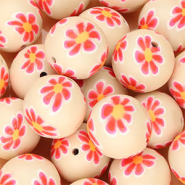 Silikonperlen 18 mm Round with hand-painted Flowers Nude beige-neon pink-orange