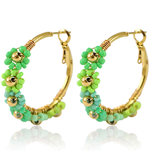 Stainless Steel - Rostfrei Stahl Ohrringe Creolen Blume 35mm Gold-green