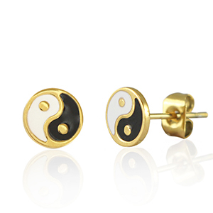 Stainless Steel - Rostfrei Stahl Ohrringe / Ohrstecker Yin & Yang 7mm Gold-black white