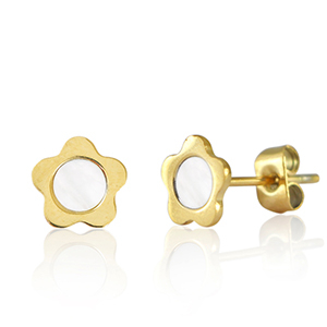 Stainless Steel - Rostfrei Stahl Ohrringe / Ohrstecker Flower Gold-pearl white