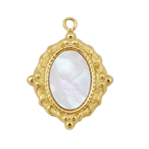 Anh&auml;nger aus Stainless Steel - Rostfreiem Stahl Muschel Salzwasserperlmutt Oval Gold-white (Naturliche Farbe Muschel)