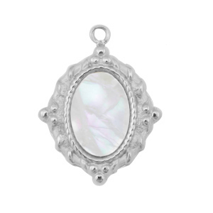 Anh&auml;nger aus Stainless Steel - Rostfreiem Stahl Muschel Salzwasserperlmutt Oval Silver-white (Naturliche Farbe Muschel)