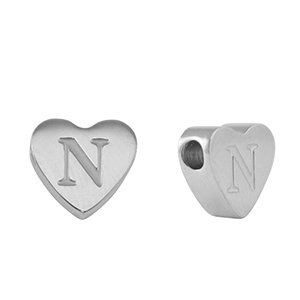 Perlen aus Stainless Steel - Rostfreiem Stahl Heart Buchstaben N Silver