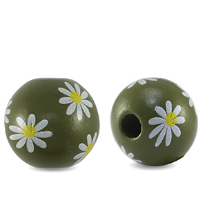 Holz Perlen 16mm rund Flower Olive green