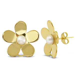 Stainless Steel - Rostfrei Stahl Ohrringe / Ohrstecker Pearls Flower with Loop Gold