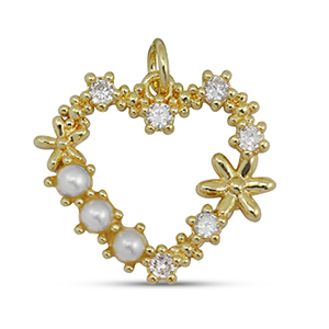 TQ Metall Brass Anh&auml;nger Zirconia Heart with Pearl Gold-white