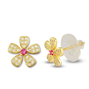 TQ Metall Brass Ohrringe / Ohrstecker Zirkonia Flower Gold