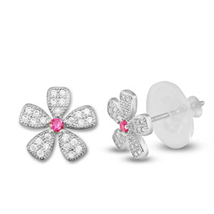 TQ Metall Brass Ohrringe / Ohrstecker Zirkonia Flower Silver