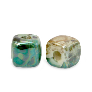 Perlen Griechische Keramik DQ Cube 8mm Peacock green-beige brown