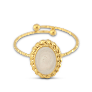 Stainless Steel - Rostfrei Stahl Ringe Enamel Oval Gold-pearl white