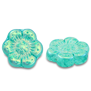 Tschechische Perlen Boho Flower 14mm Transparent turquoise green-AB coating