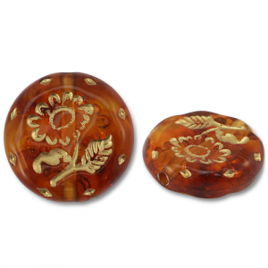 Perlen Acryl Round with Flower Cognac brown-gold