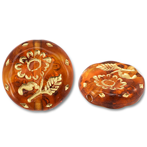 Perlen Acryl Round with Flower Orange brown-gold