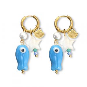 Stainless Steel - Rostfrei Stahl Ohrringe Fish Gold-blue-white