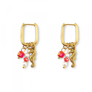 Stainless Steel - Rostfrei Stahl Ohrringe Seahorse Gold-red-white
