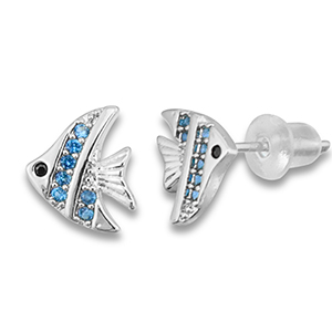TQ Metall Brass Ohrringe / Ohrstecker Fish Silver-light blue