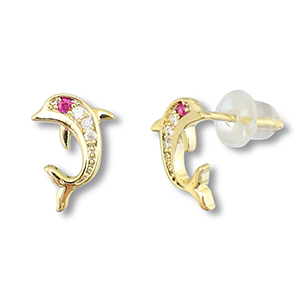 TQ Metall Brass Ohrringe / Ohrstecker Dolphin Gold-dark pink