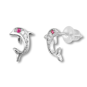TQ Metall Brass Ohrringe / Ohrstecker Dolphin Silver-dark pink